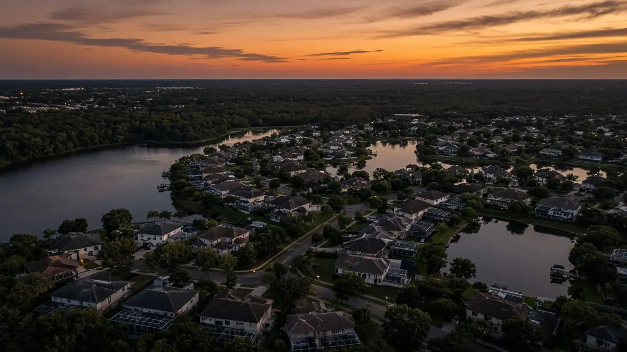 Aerial view of a Central Florida neighborhood of houses, lakes, and trees at sunset