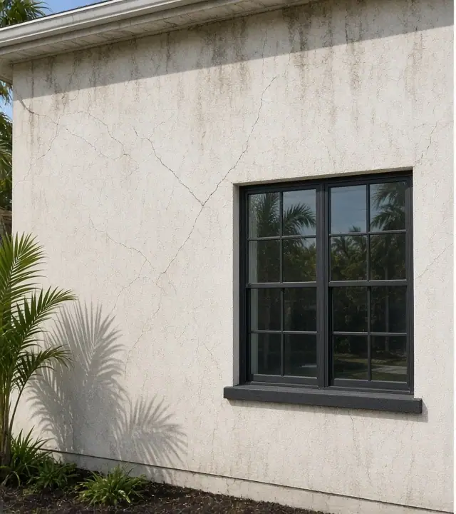 Illustrative example of a cracked and stained stucco wall beside a dark window, not a real job photo