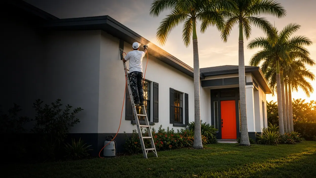 Painter on a ladder spraying the eave of a white Florida house with an orange front door