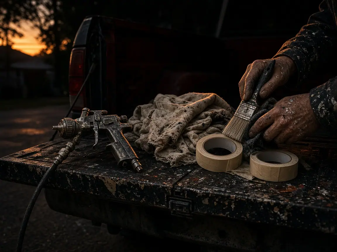 Hands holding a paintbrush beside a spray gun and tape in a truck bed