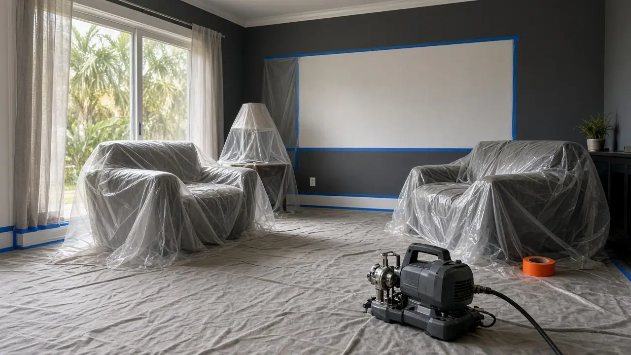 Room prepped for spray painting, furniture covered, sprayer on the floor